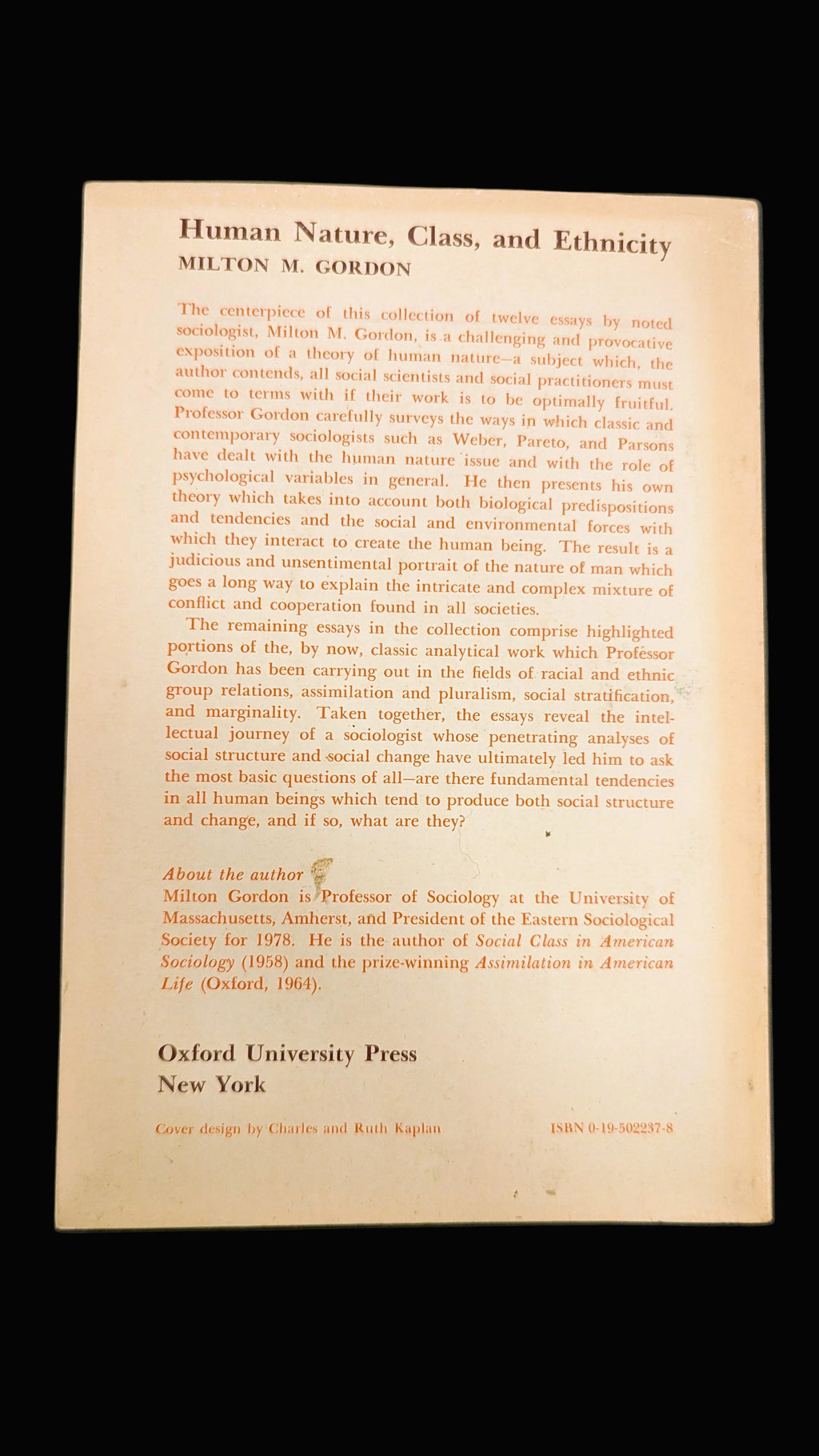 "Human Nature, Class, and Ethnicity" by Milton M. Gordon (1st Edition, 1978)