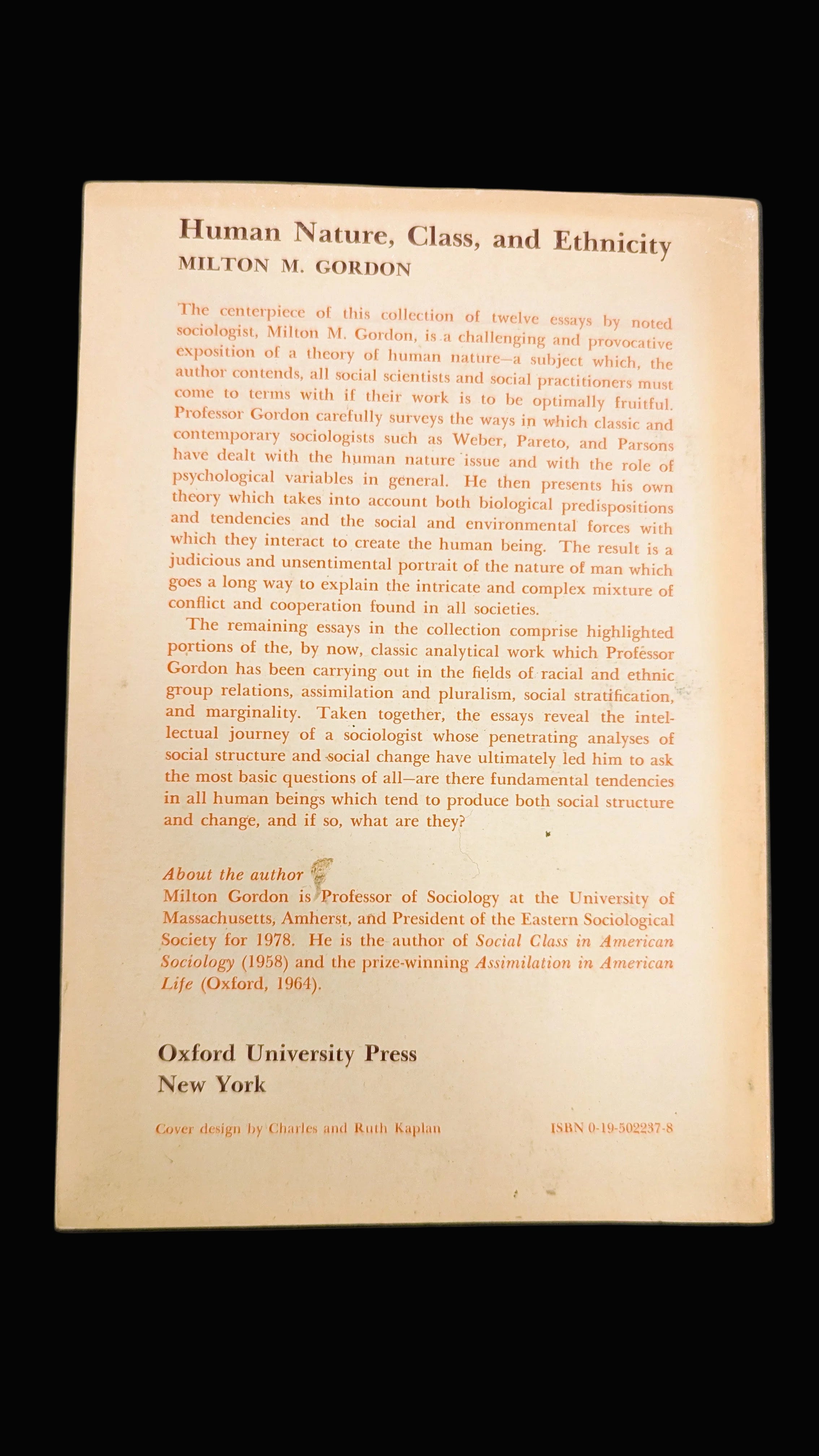 "Human Nature, Class, and Ethnicity" by Milton M. Gordon (1st Edition, 1978)