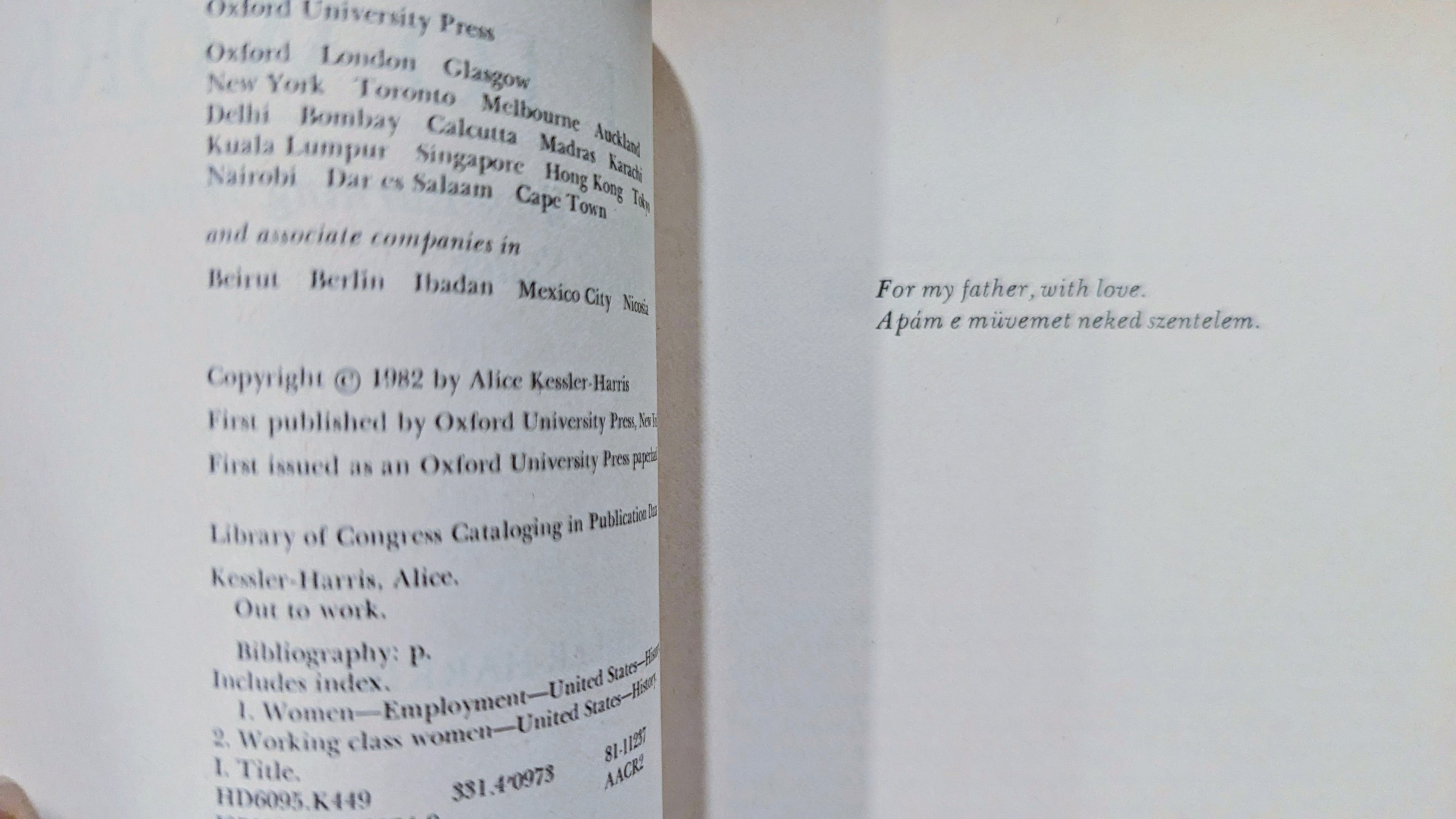 Out to Work: A History of Wage-Earning Women in the United States" by Alice Kessler-Harris (Vintage 1983 Edition)
