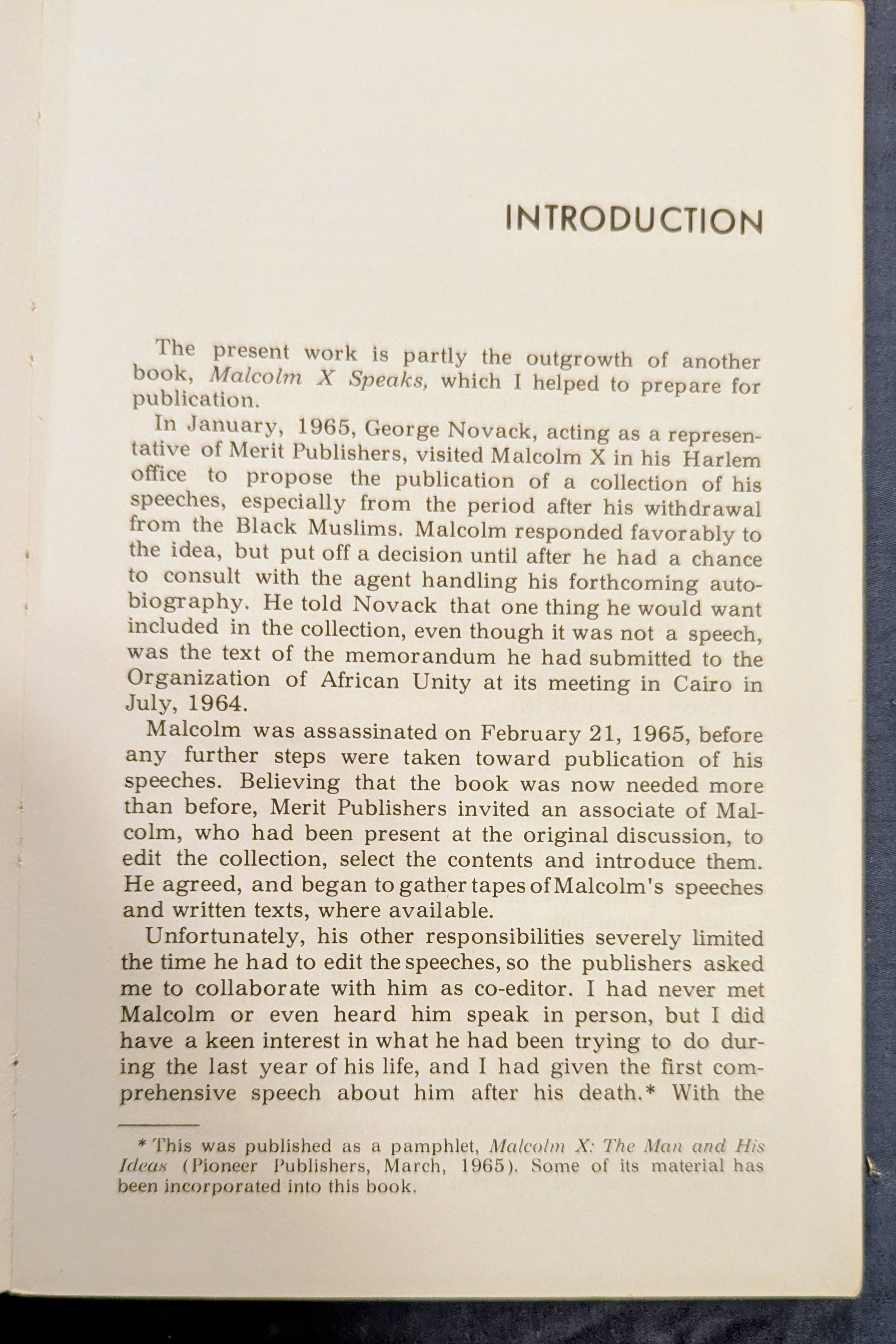 "The Last Year of Malcolm X: The Evolution of a Revolutionary" by George Breitman (Vintage 1967 Edition)